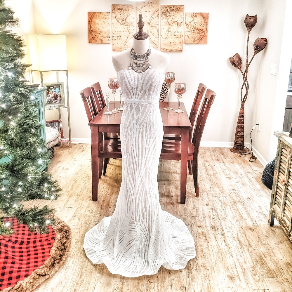 Mermaid Sequin White Wedding Dress | Sequined Tiger Zebra Print Wedding Gown - Picture 10 of 11